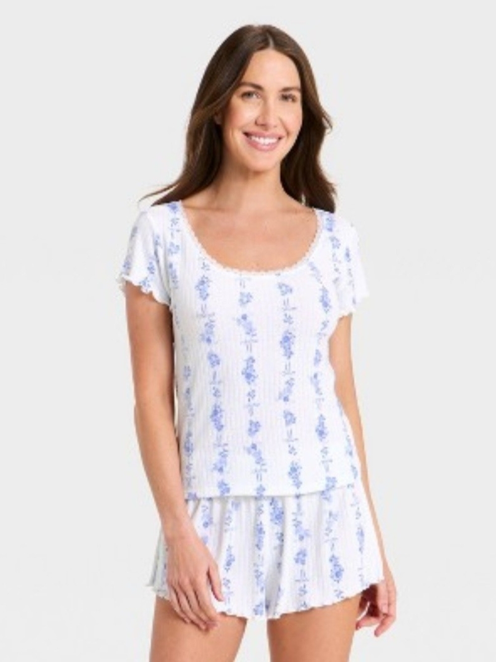 Auden White Pajama Set with Light Blue Floral Print